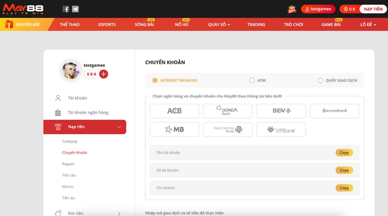 Hướng dẫn nạp tiền MAY88 bằng cách đơn giản, nhanh nhất 1 Thanh Toán Tại Nhà Cái