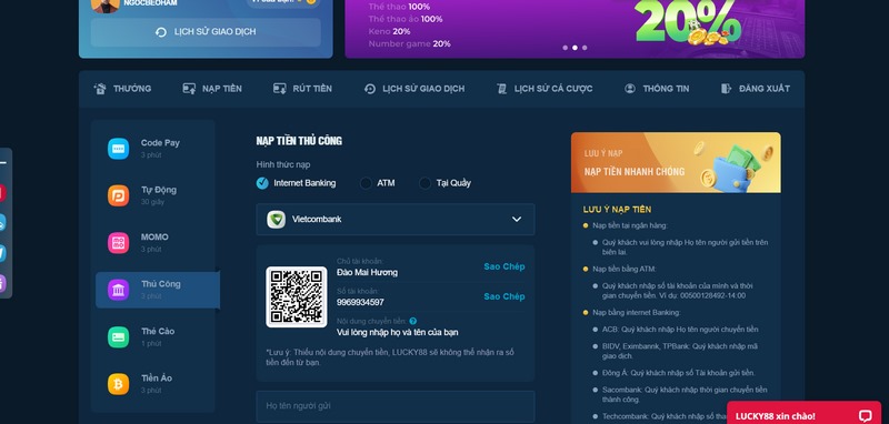 Lucky88 - Nhà cái cá cược nổi tiếng hàng đầu châu Á 7 Nạp Tiền Vào Nhà Cái Cực Nhanh Thông Qua Đa Kênh Thanh Toán